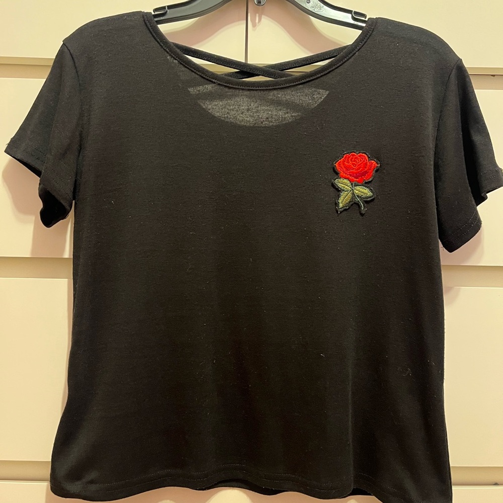 Black T-Shirt with Red Rose Embroidery